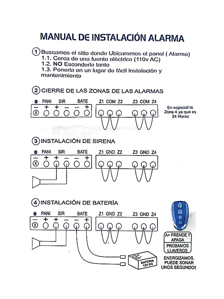 Manual de instalación de alarma: ubicación del panel, cierre de zonas, instalación de sirena y batería