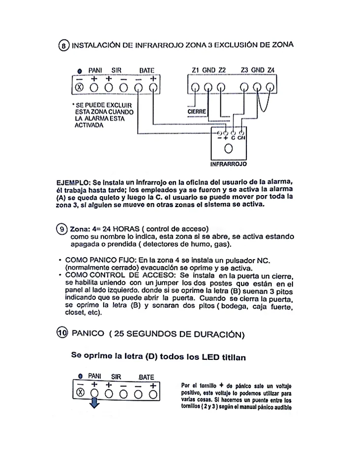 Diagrama de exclusión de zona y activación del pánico de 25 segundos